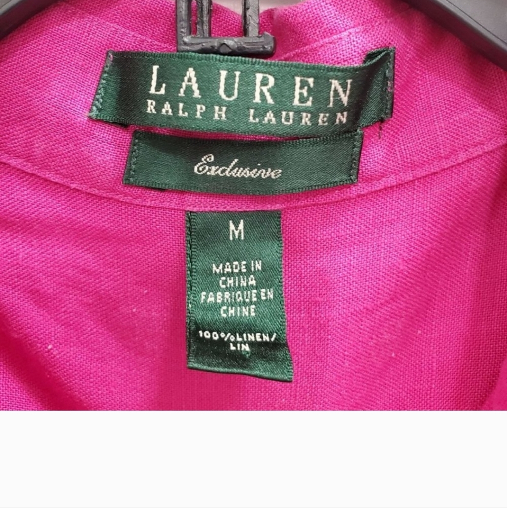 Lauren Ralph Lauren Exclusive Fuchsia 100% Linen Button Front 3/4 Sleeve Top M
